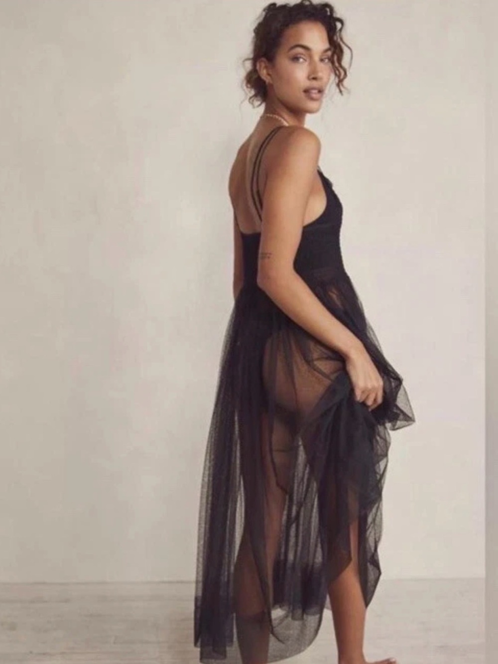 Free People Black Mesh Midi Dress with Smocked Bodice